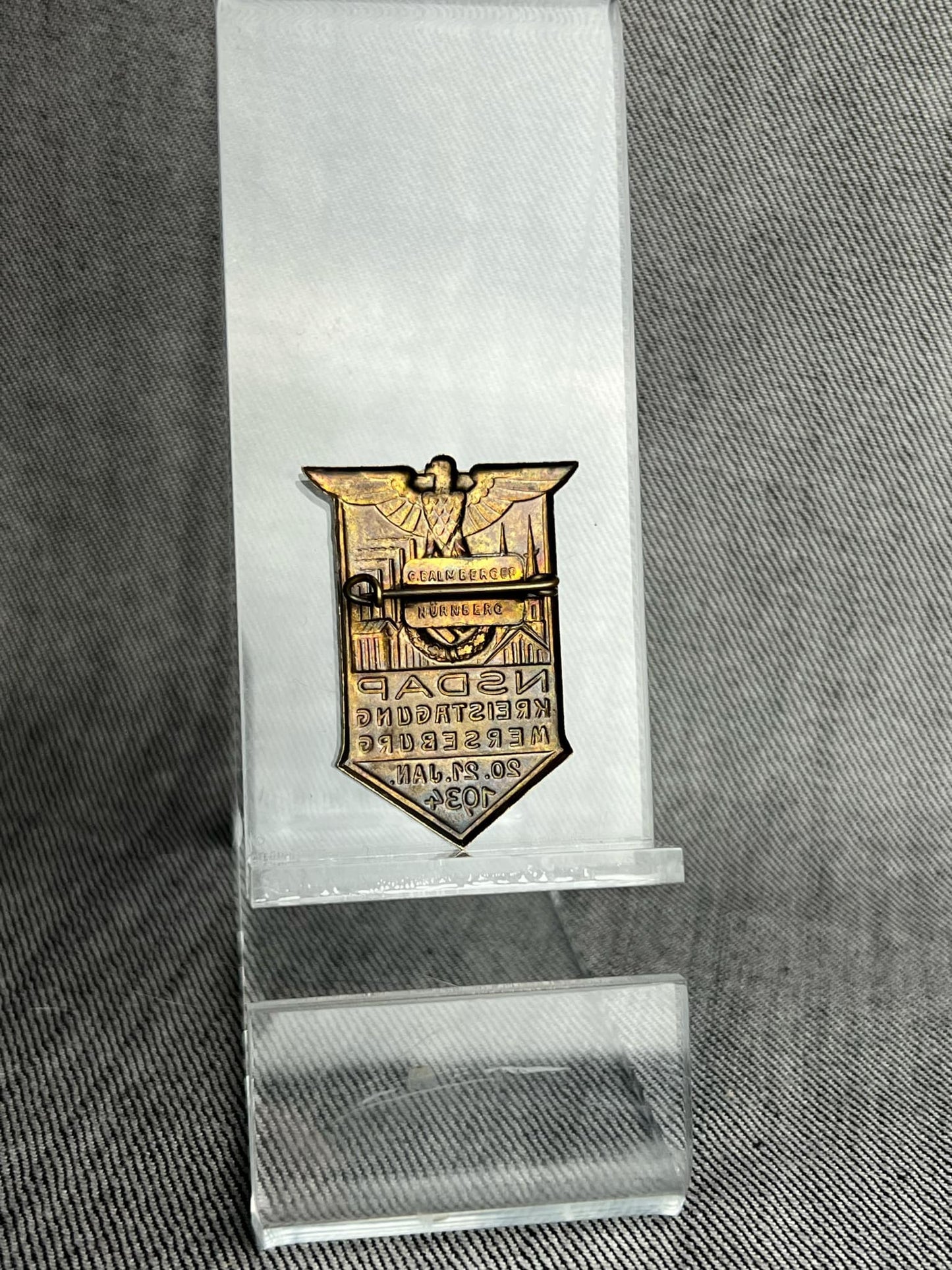GERMAN WW2 KREISTAG NSDAP WOLFENBÜTTEL 1934 RALLY BADGE MAKER MARKED C. BALMBERGEP, NÜRNBERG
