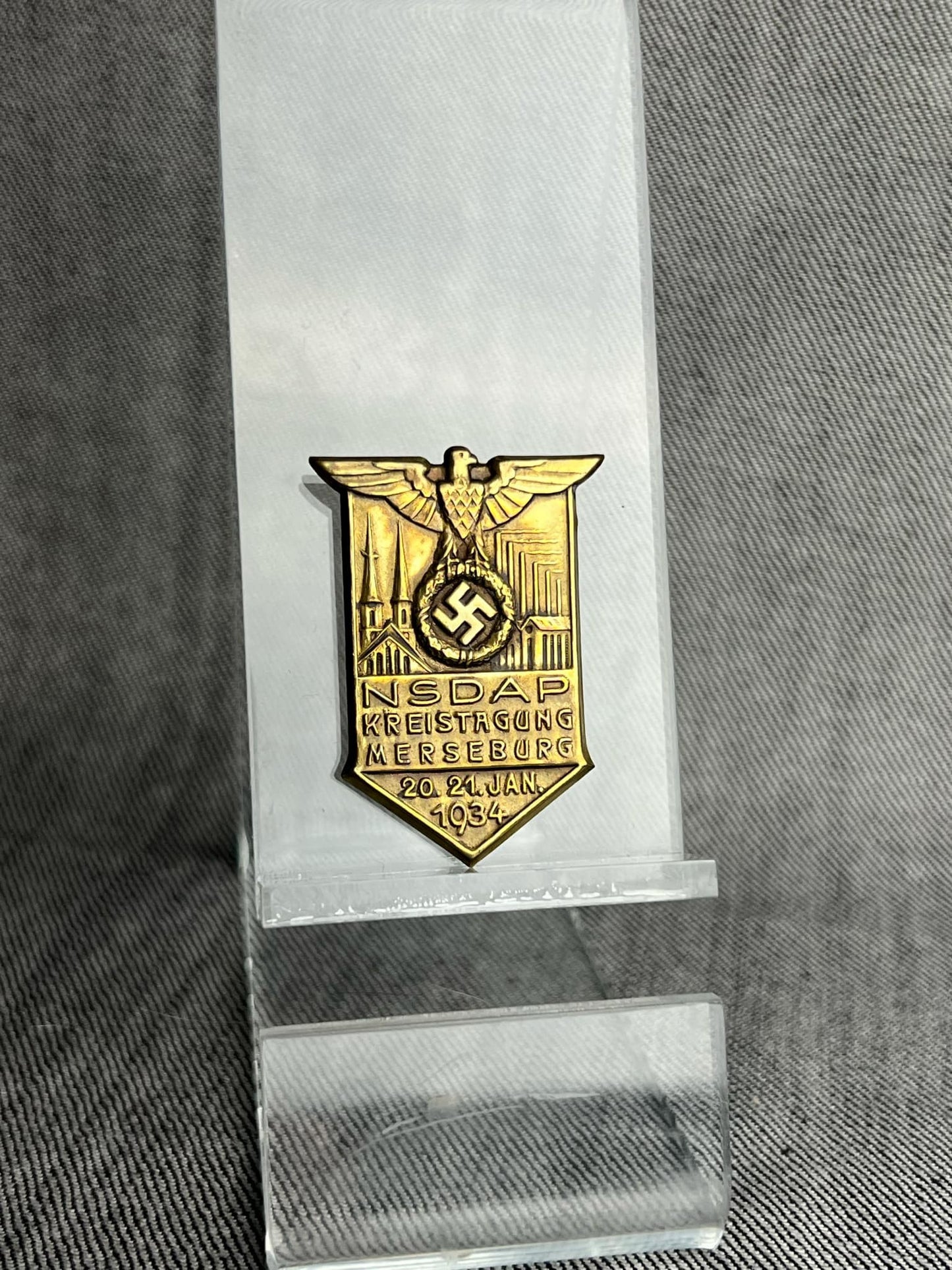 GERMAN WW2 KREISTAG NSDAP WOLFENBÜTTEL 1934 RALLY BADGE MAKER MARKED C. BALMBERGEP, NÜRNBERG