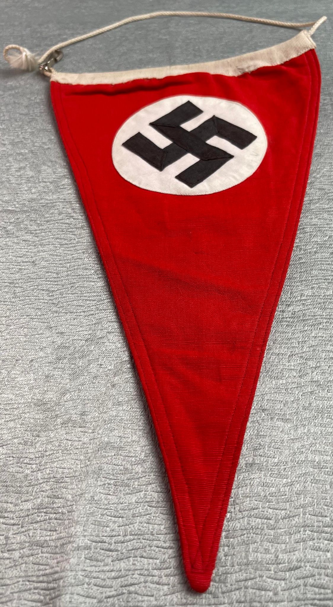 GERMAN WW2 NSDAP DOUBLE SIDED CAR PENNANT WITH ORIGINAL METAL CLIP & ROPE