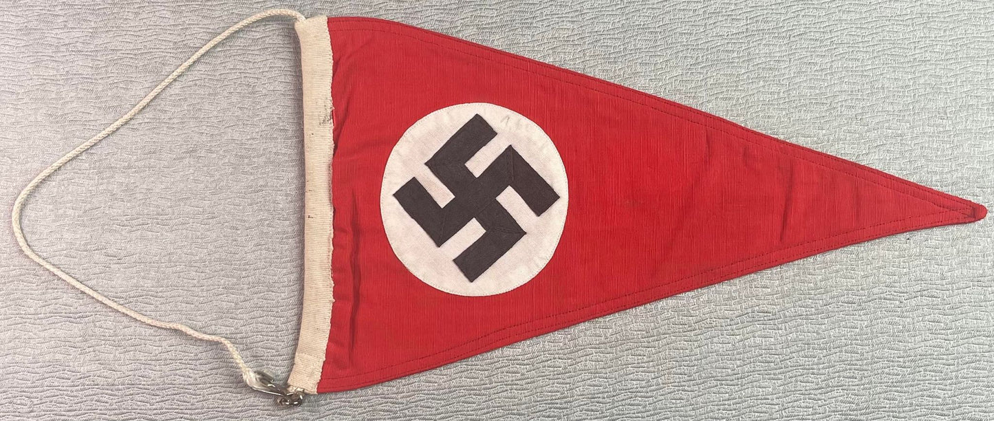 GERMAN WW2 NSDAP DOUBLE SIDED CAR PENNANT WITH ORIGINAL METAL CLIP & ROPE