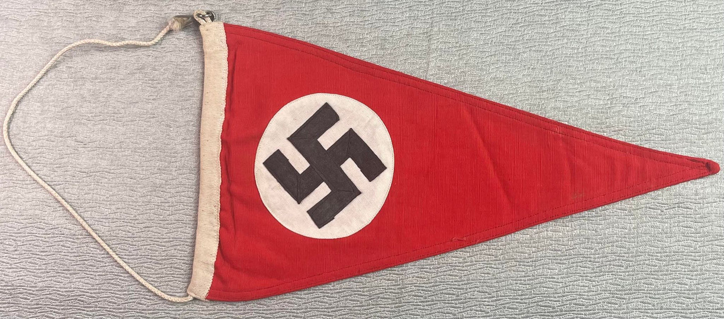 GERMAN WW2 NSDAP DOUBLE SIDED CAR PENNANT WITH ORIGINAL METAL CLIP & ROPE