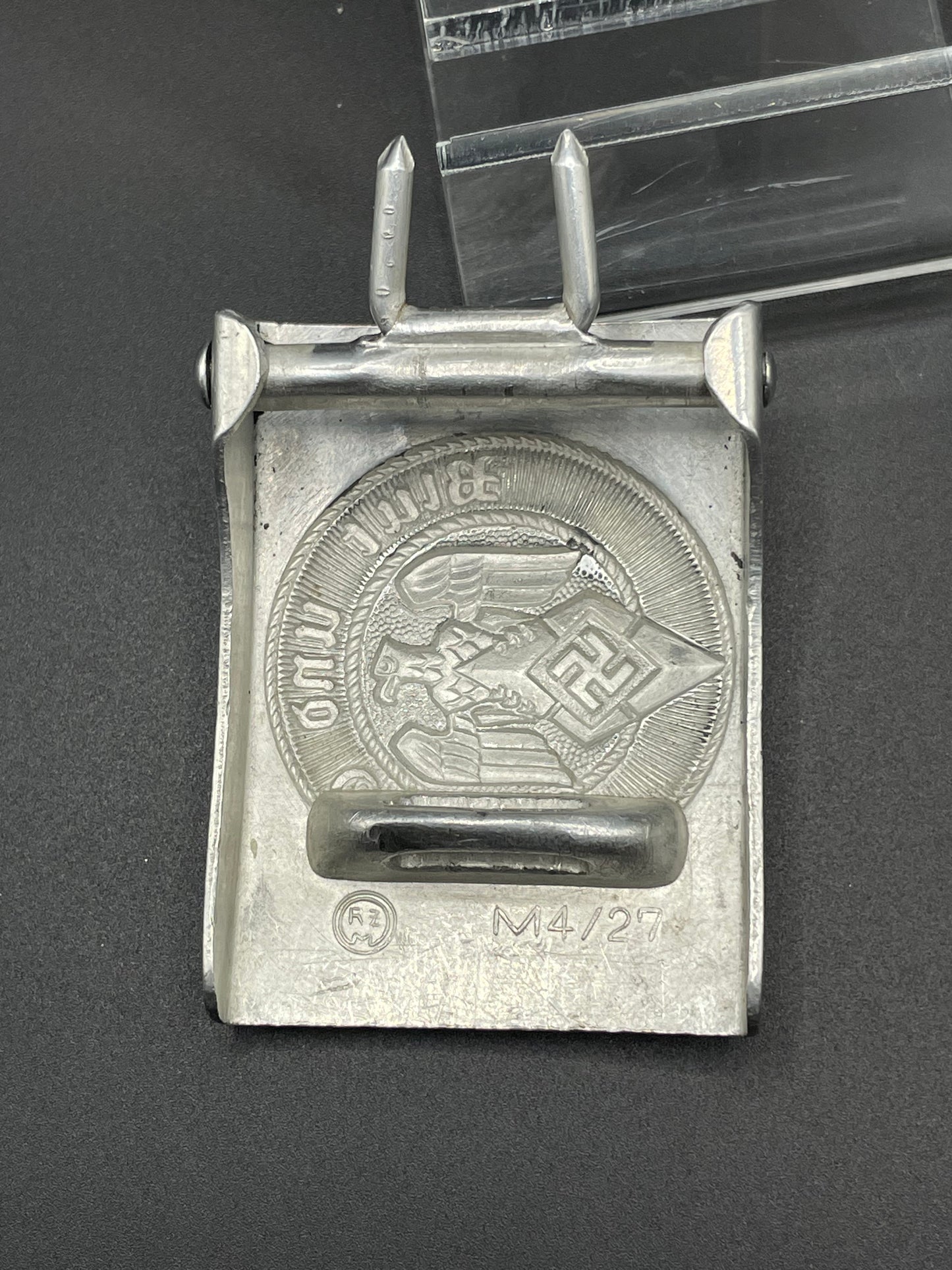 GERMAN WW2 HITLER JUGEND „HJ” BELT BUCKLE IN ALUMINUM BY OVERHOFF & CIE. RZM M4/27