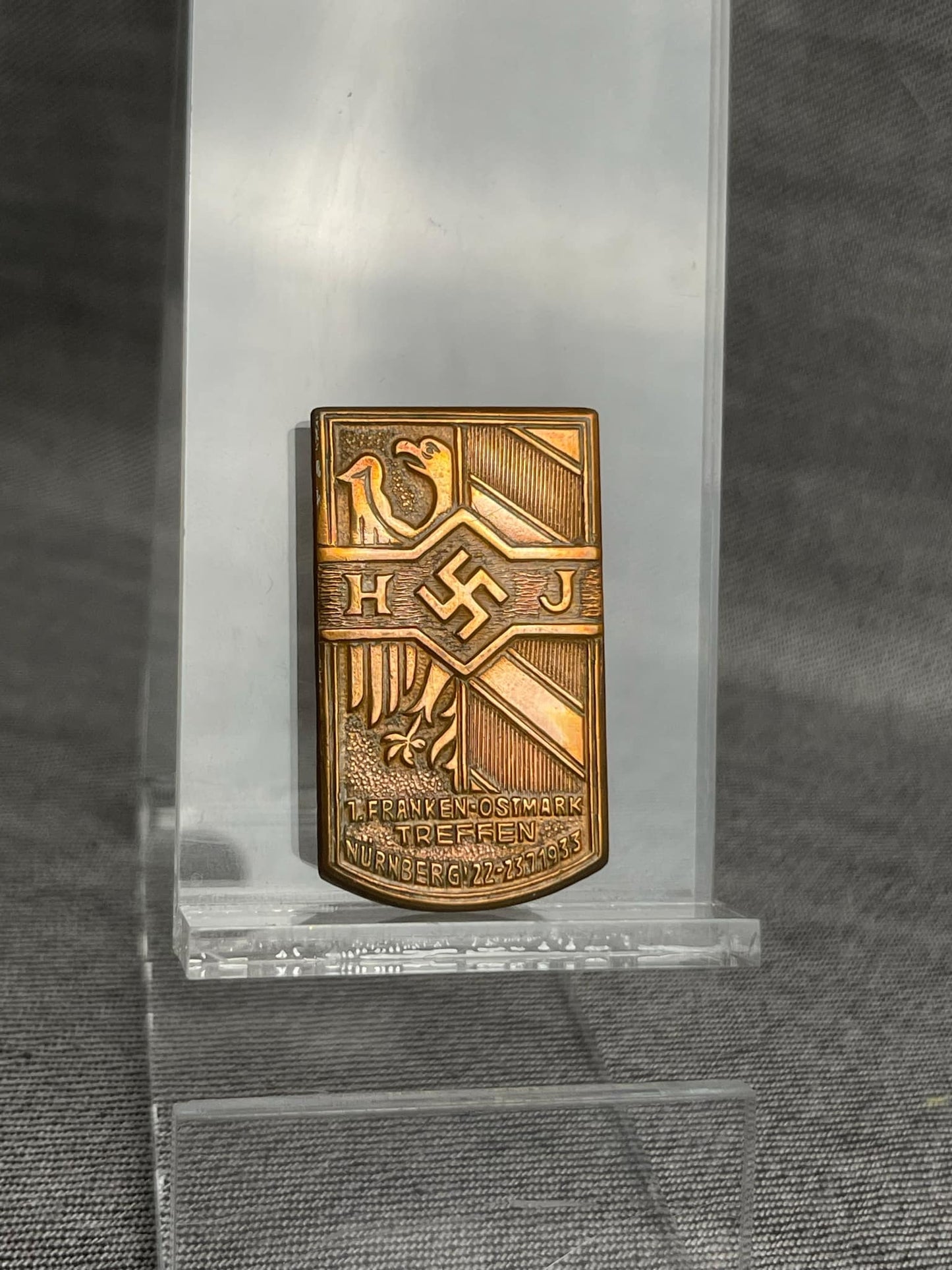 GERMAN WW2 1933 FRANKEN-OSTMARK NURNBERG HITLER JUGEND "HJ" TREFFEN BADGE GES.GESCH. MARKED
