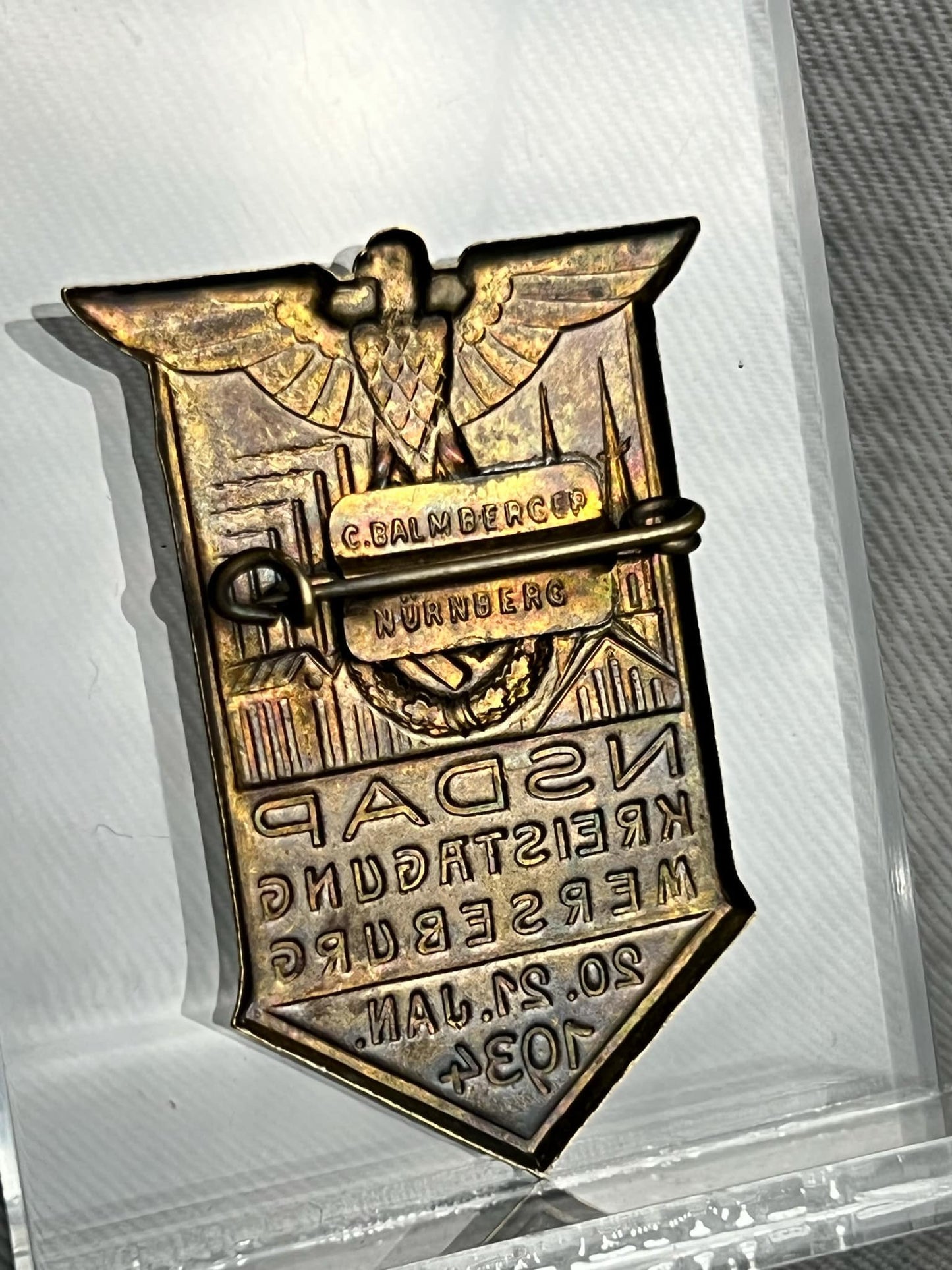 GERMAN WW2 KREISTAG NSDAP WOLFENBÜTTEL 1934 RALLY BADGE MAKER MARKED C. BALMBERGEP, NÜRNBERG