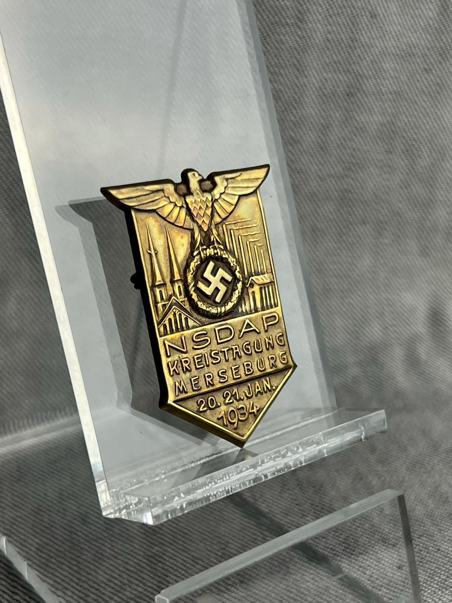 GERMAN WW2 KREISTAG NSDAP WOLFENBÜTTEL 1934 RALLY BADGE MAKER MARKED C. BALMBERGEP, NÜRNBERG