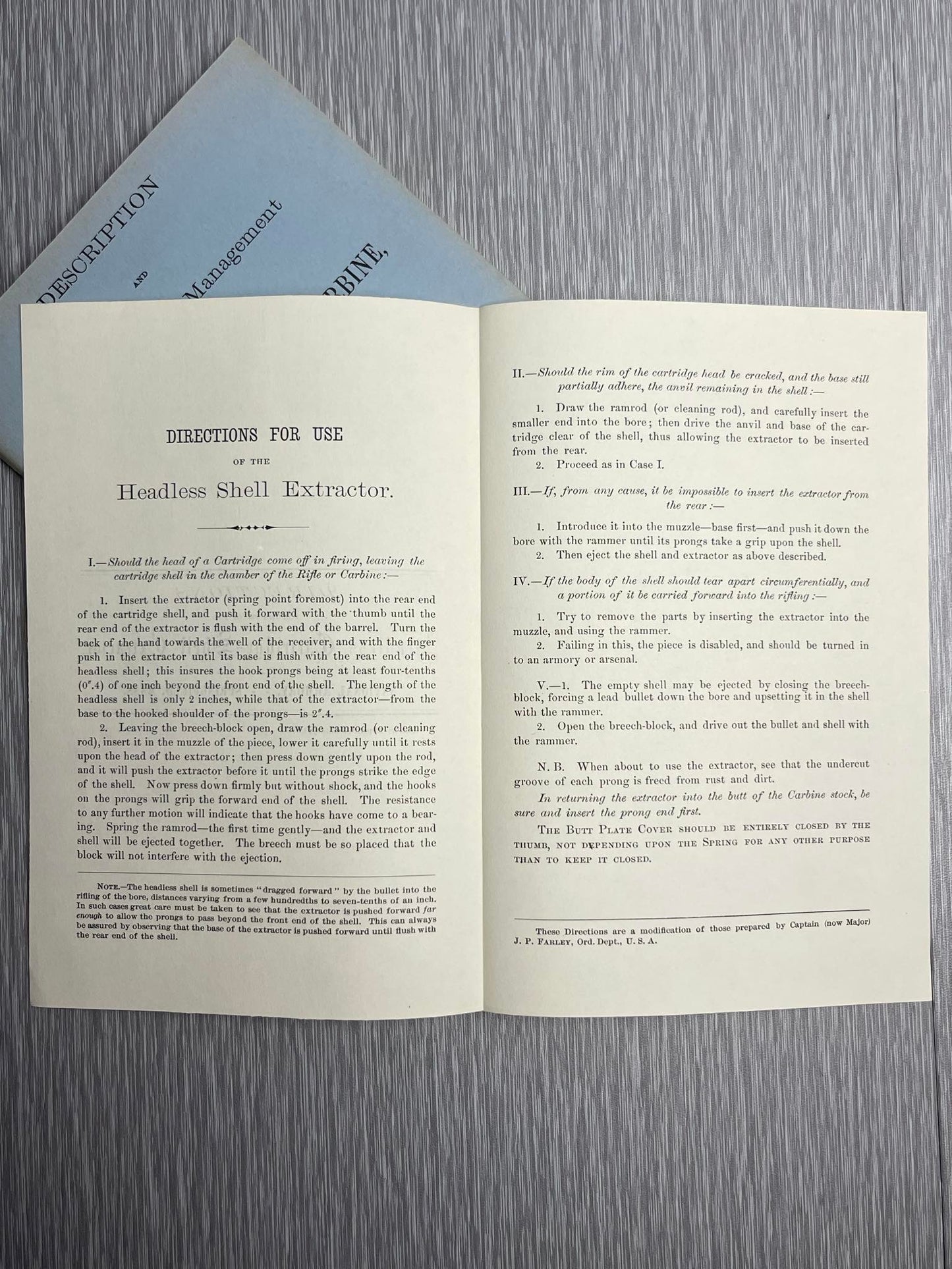UNITED STATES ARMY 1960 SPRINGFIELD RIFLE CARBINE & ARMY REVOLVERS CALIBRE .45 W/ EXTRA HEADLESS CARTRIDGE SHELL EXTRACTOR BOOKLET