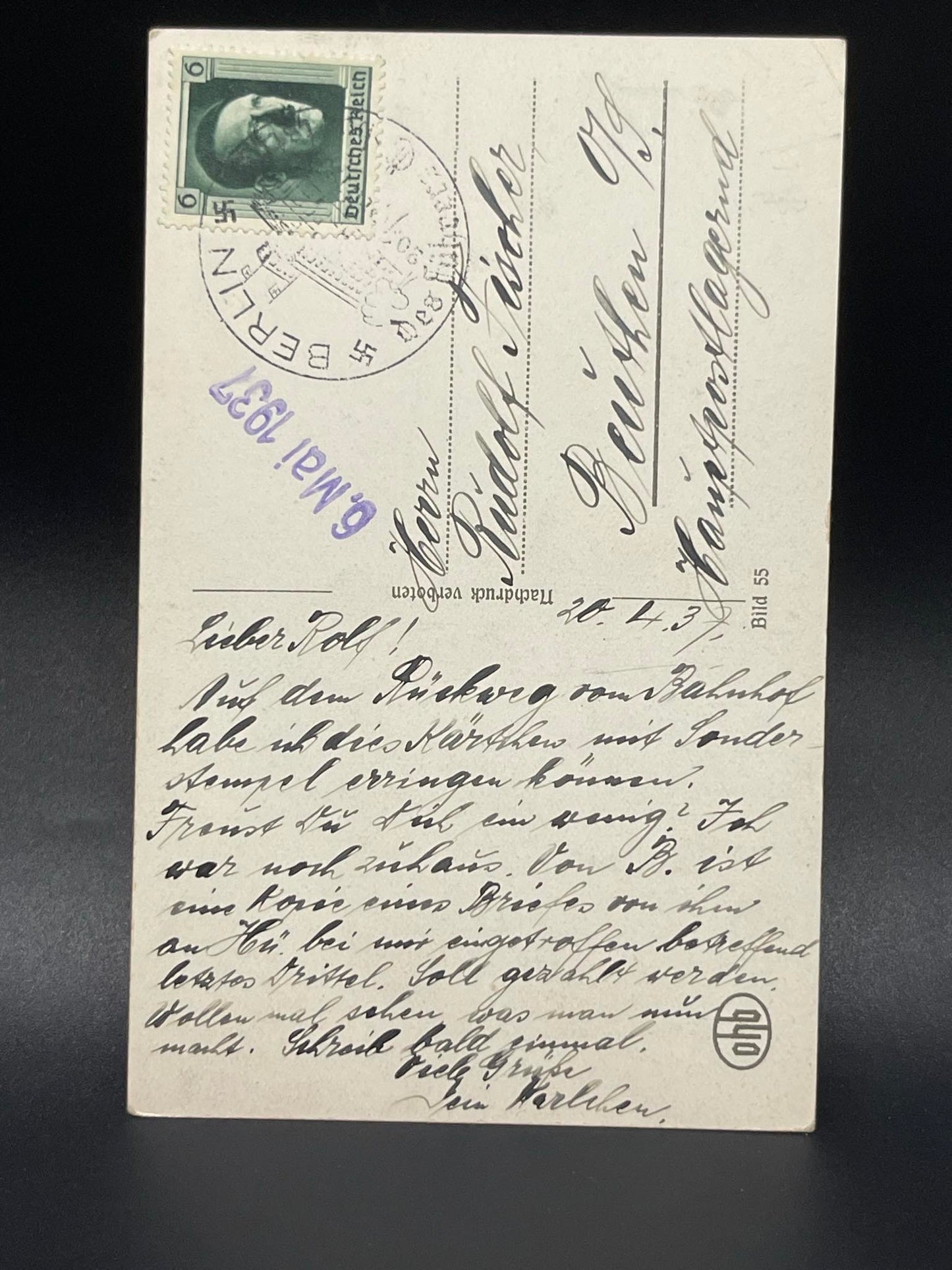 GERMAN WW2 "UNSER FUHRER" ADOLF HITLER MAY 6TH 1937 BERLIN STAMPED POSTCARD