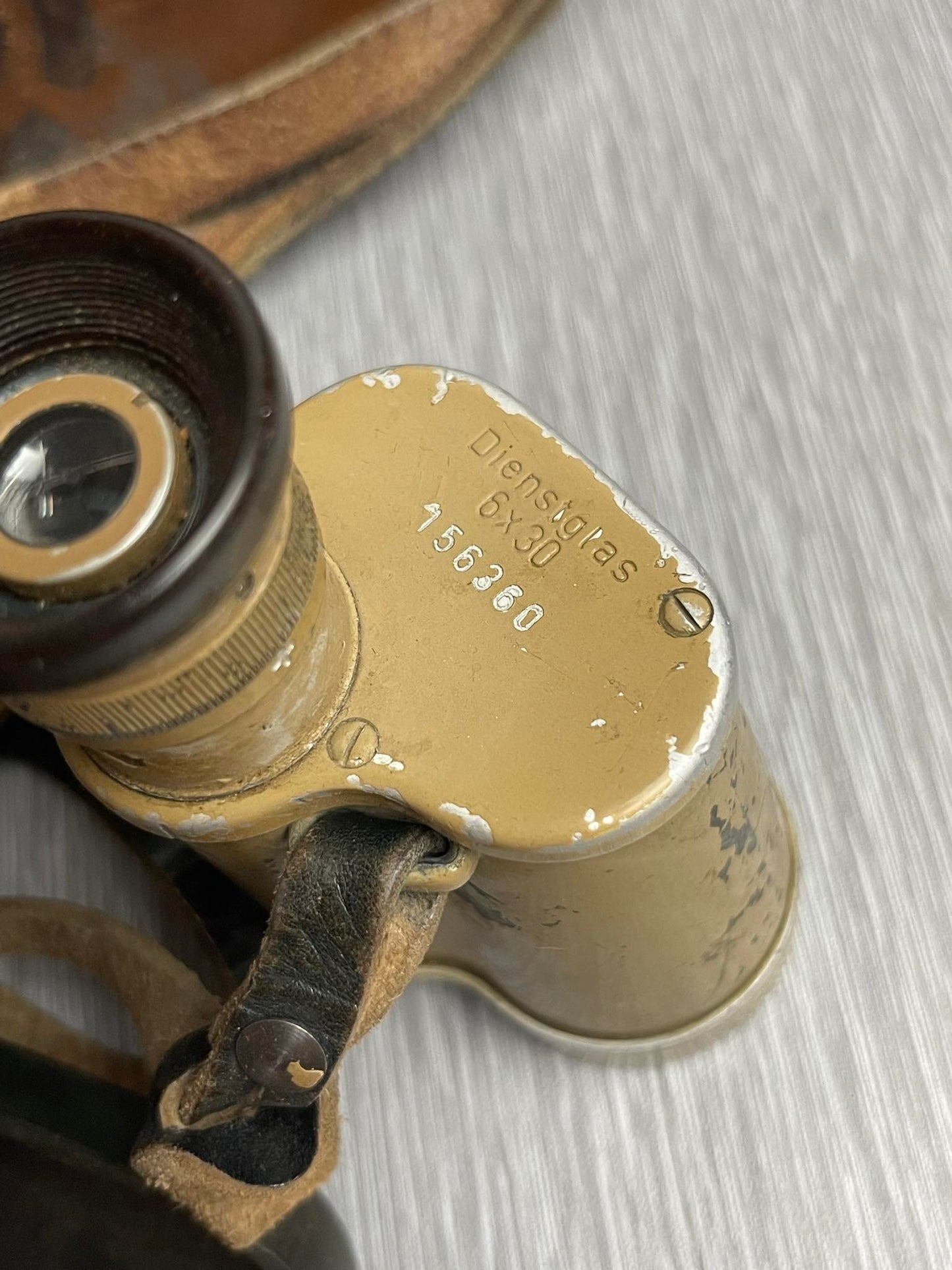 GERMAN WW2 DIENSTGLAS 6x30 TAN PAINTED ‘CAG’ BINOCULARS CAPTURED BY US G.I. MEDIC W/ LEATHER CASE NAMED!