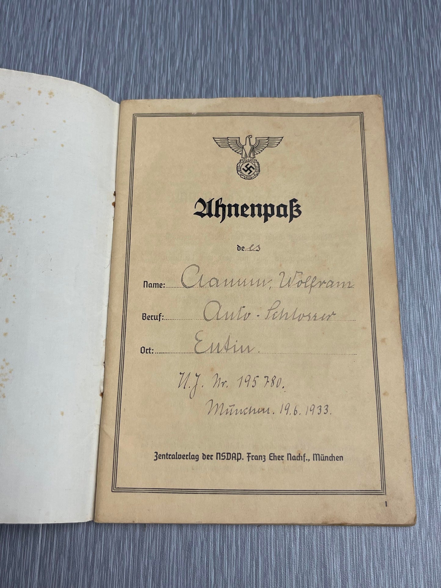 GERMAN WW2 AHNENPAS BLOODLINE PASSPORT EAST PRUSSIA