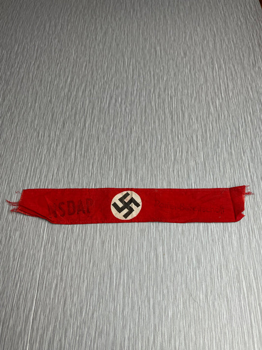 GERMAN WW2 NSDAP POLITICAL PARTY NARROW TYPE UNIFORM REMOVED ARMBAND PARTEI-BEREITSCHAFT