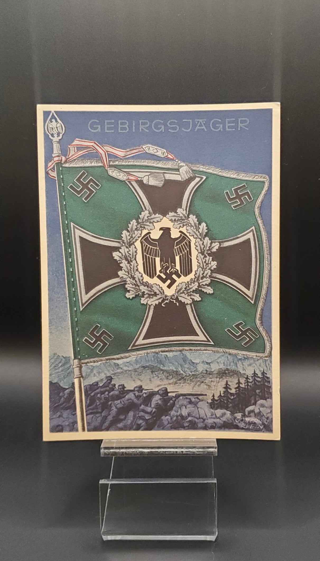 GERMAN WW2 “DIE SIEGREICHEN FAHNEN UND STANDARTEN DER DEUTSCHEN WEHRMACHT” GEBIRGSJÄGER PARATROOPER STANDART POSTCARD RARE