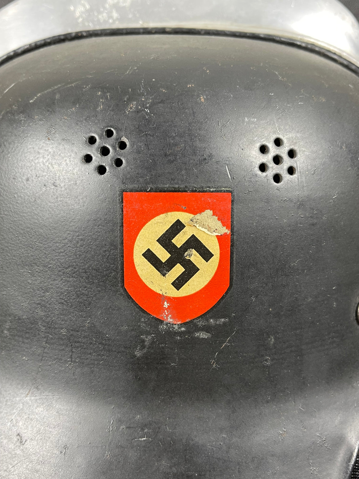 STUNNING GERMAN WW2 FIRE BRIGADE DOUBLE DECAL HELMET W/ ORIGINAL COMB LINER CHINSTRAP AND NECK PROTECTION
