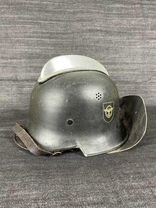 STUNNING GERMAN WW2 FIRE BRIGADE DOUBLE DECAL HELMET W/ ORIGINAL COMB LINER CHINSTRAP AND NECK PROTECTION