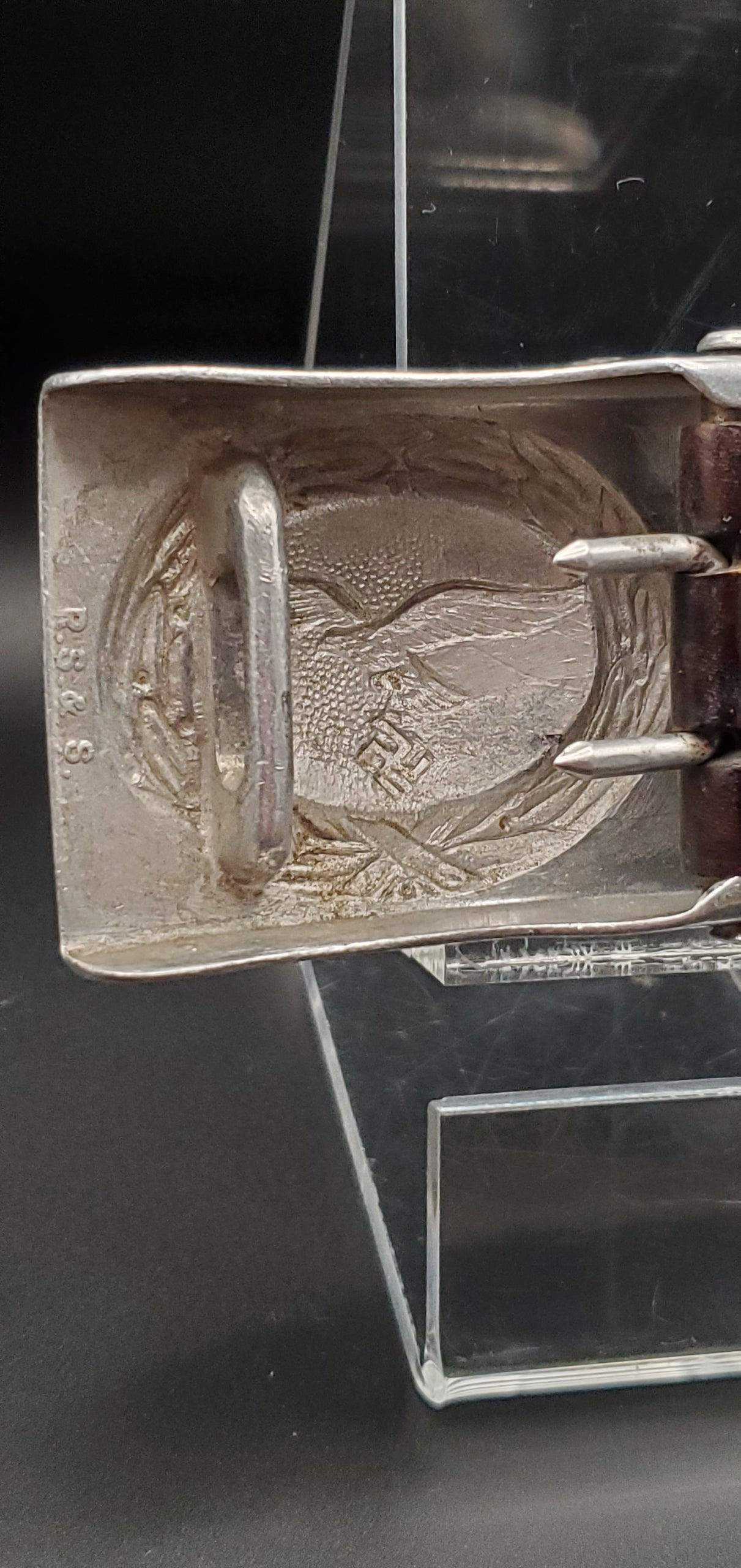 GERMAN PRE WW2 1938 LUFTWAFFE LEATHER TABBED BELT BUCKLE BY R.S.&S. & LBA MARKED