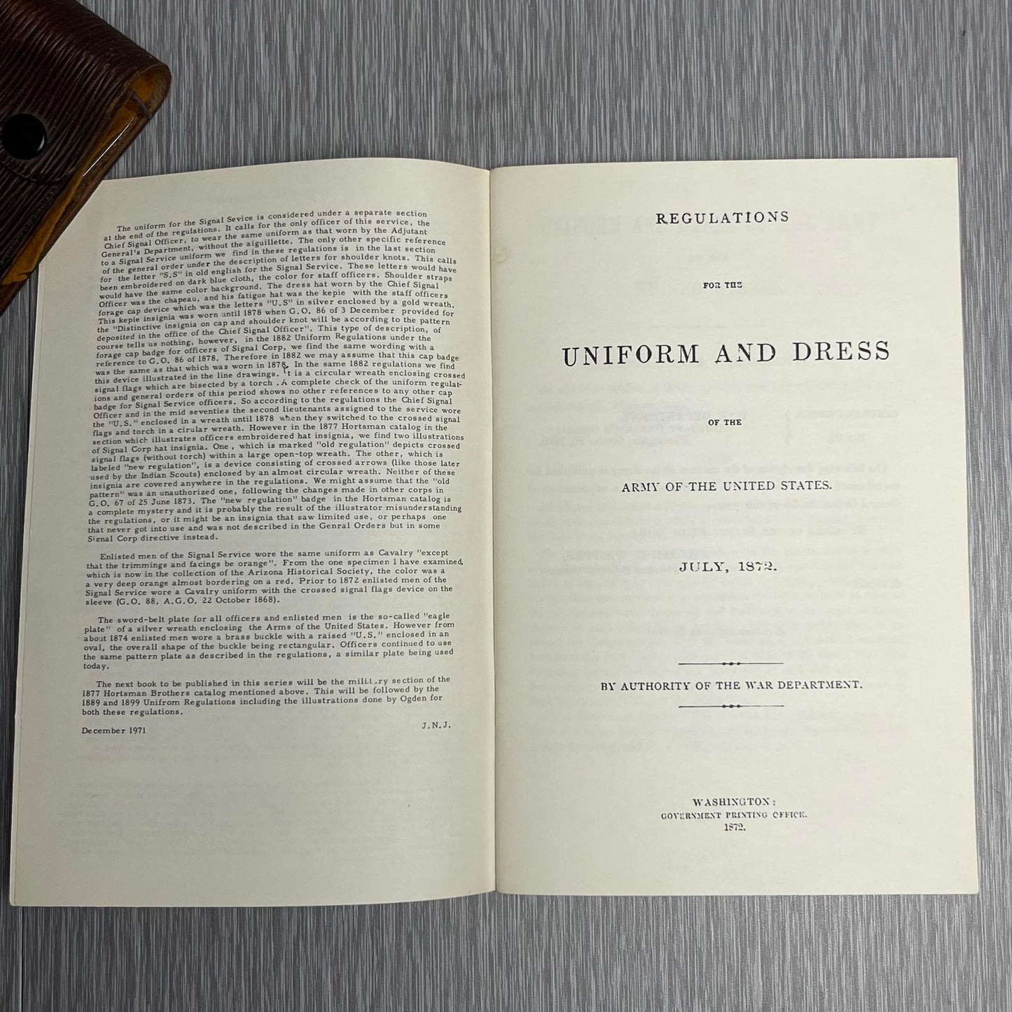 US ARMY BOOK “1872 REGULATIONS AND NOTES FOR THE UNIFORM OF THE ARMY OF THE UNITED STATES” 1972 MANOR PUBLISHING, STATEN ISLAND NY