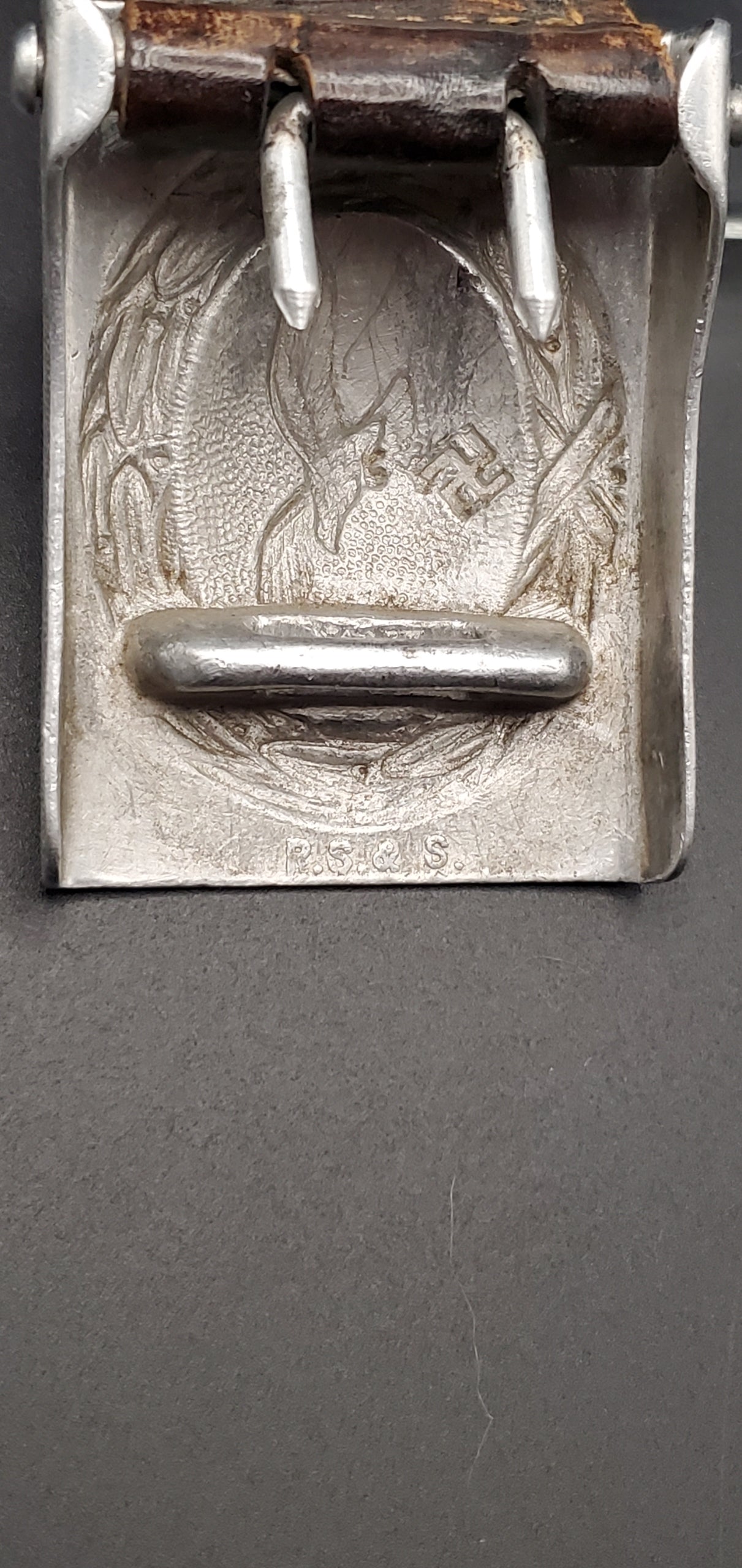 GERMAN PRE WW2 1938 LUFTWAFFE LEATHER TABBED BELT BUCKLE BY R.S.&S. & LBA MARKED