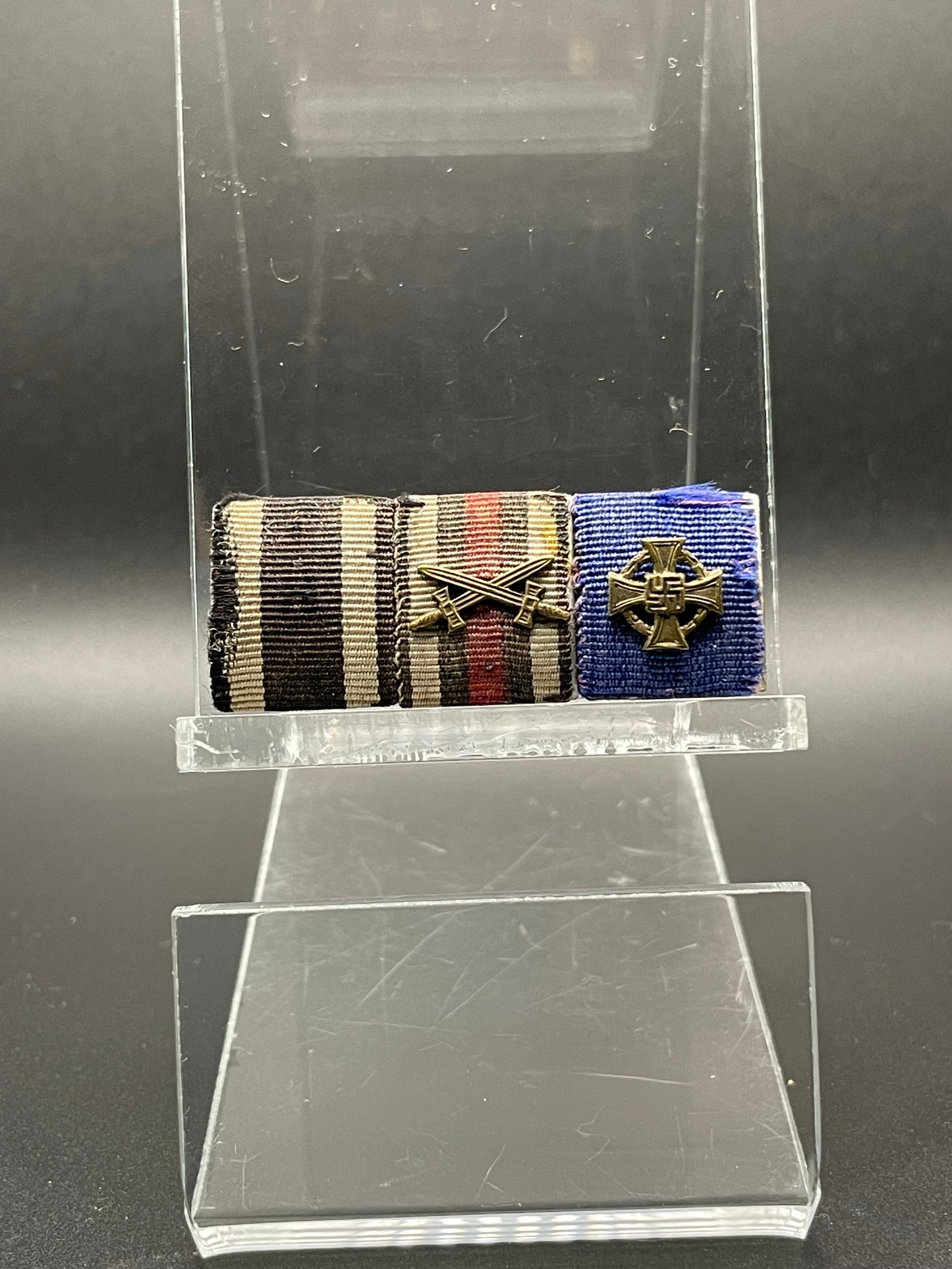 GERMAN WW2 3 PLACE RIBBON BAR EKII 1914-18, HINDENBURG CROSS W/ SWORDS, 25 YEAR FAITHFUL SERVICE