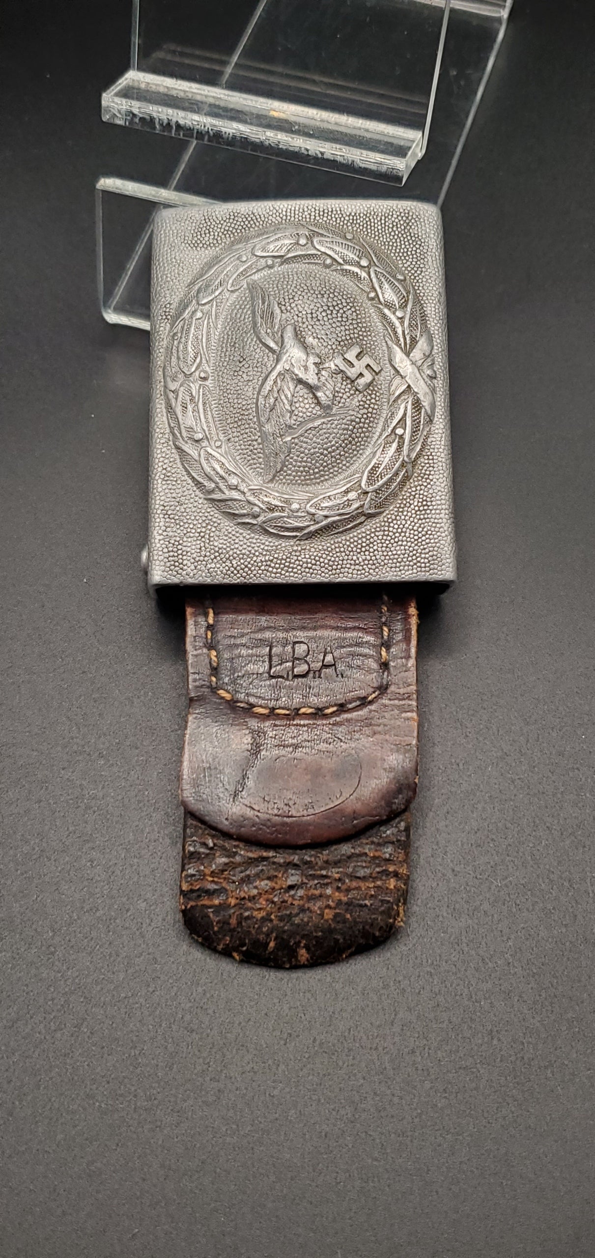 GERMAN PRE WW2 1938 LUFTWAFFE LEATHER TABBED BELT BUCKLE BY R.S.&S. & LBA MARKED