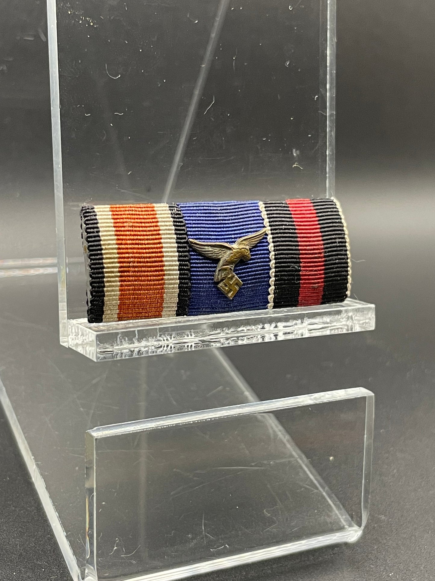 GERMAN WW2 3 PLACE RIBBON BAR EKII 1813-1939, LUFTWAFFE FOUR YEAR LONG SERVICE, CZECHOSLOVAKIA ANNEXATION (SUDETENLAND)