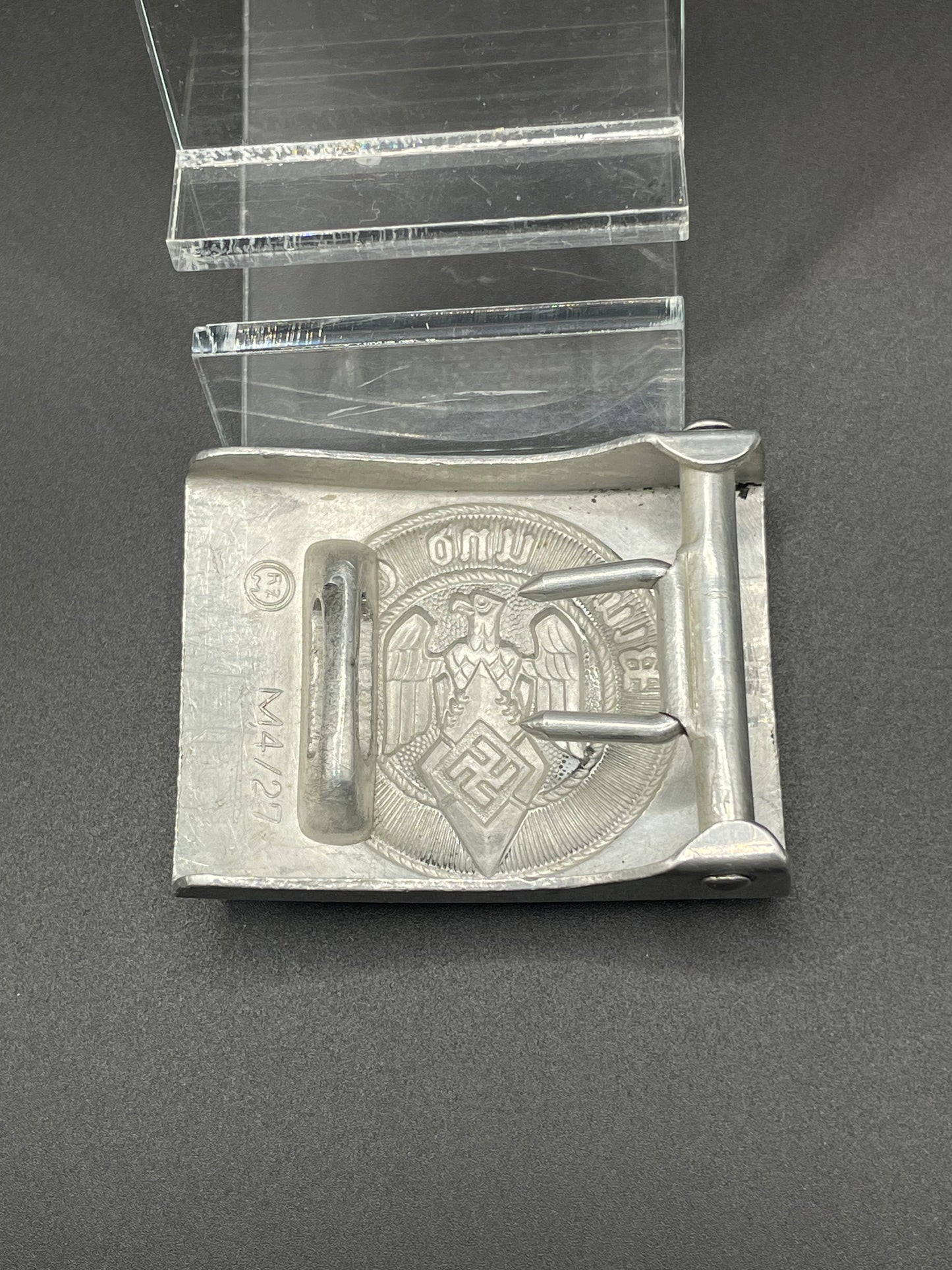 GERMAN WW2 HITLER JUGEND „HJ” BELT BUCKLE IN ALUMINUM BY OVERHOFF & CIE. RZM M4/27