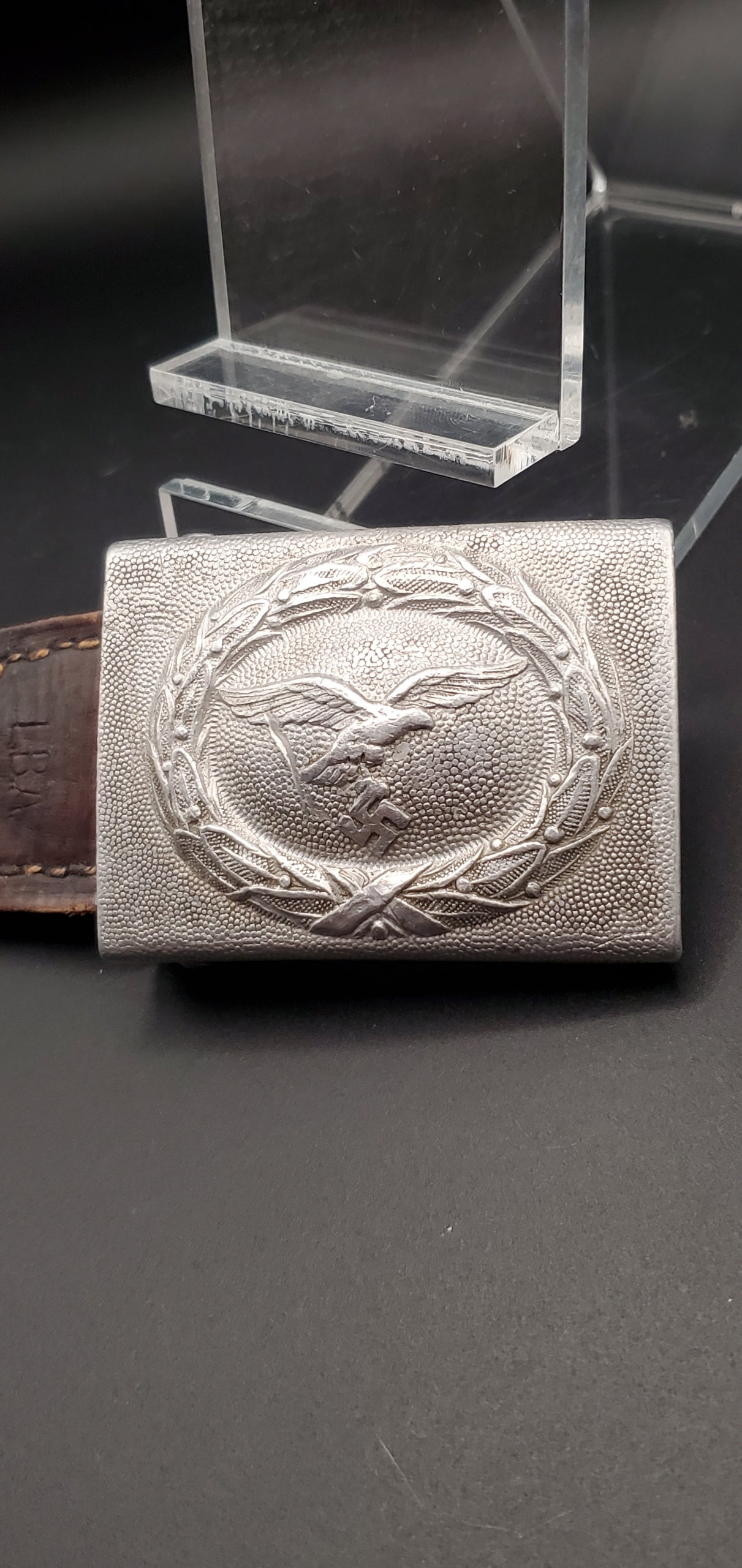 GERMAN PRE WW2 1938 LUFTWAFFE LEATHER TABBED BELT BUCKLE BY R.S.&S. & LBA MARKED