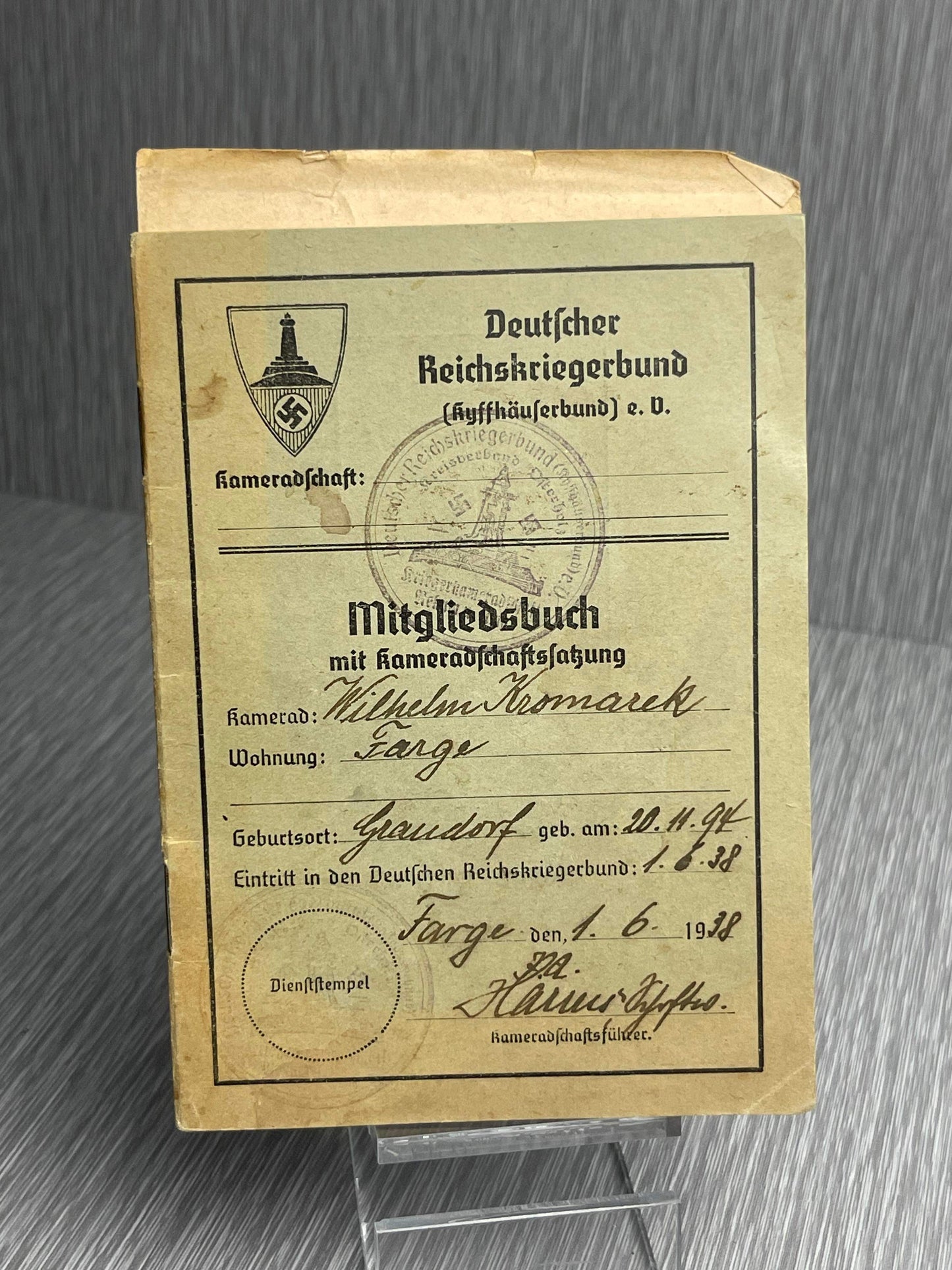 GERMAN WW2 DEUTSCHER REICHSKRIEGERBUND MEMBERSHIP BOOK