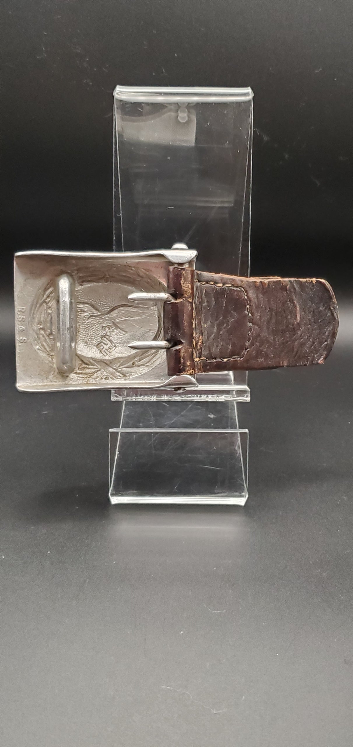 GERMAN PRE WW2 1938 LUFTWAFFE LEATHER TABBED BELT BUCKLE BY R.S.&S. & LBA MARKED