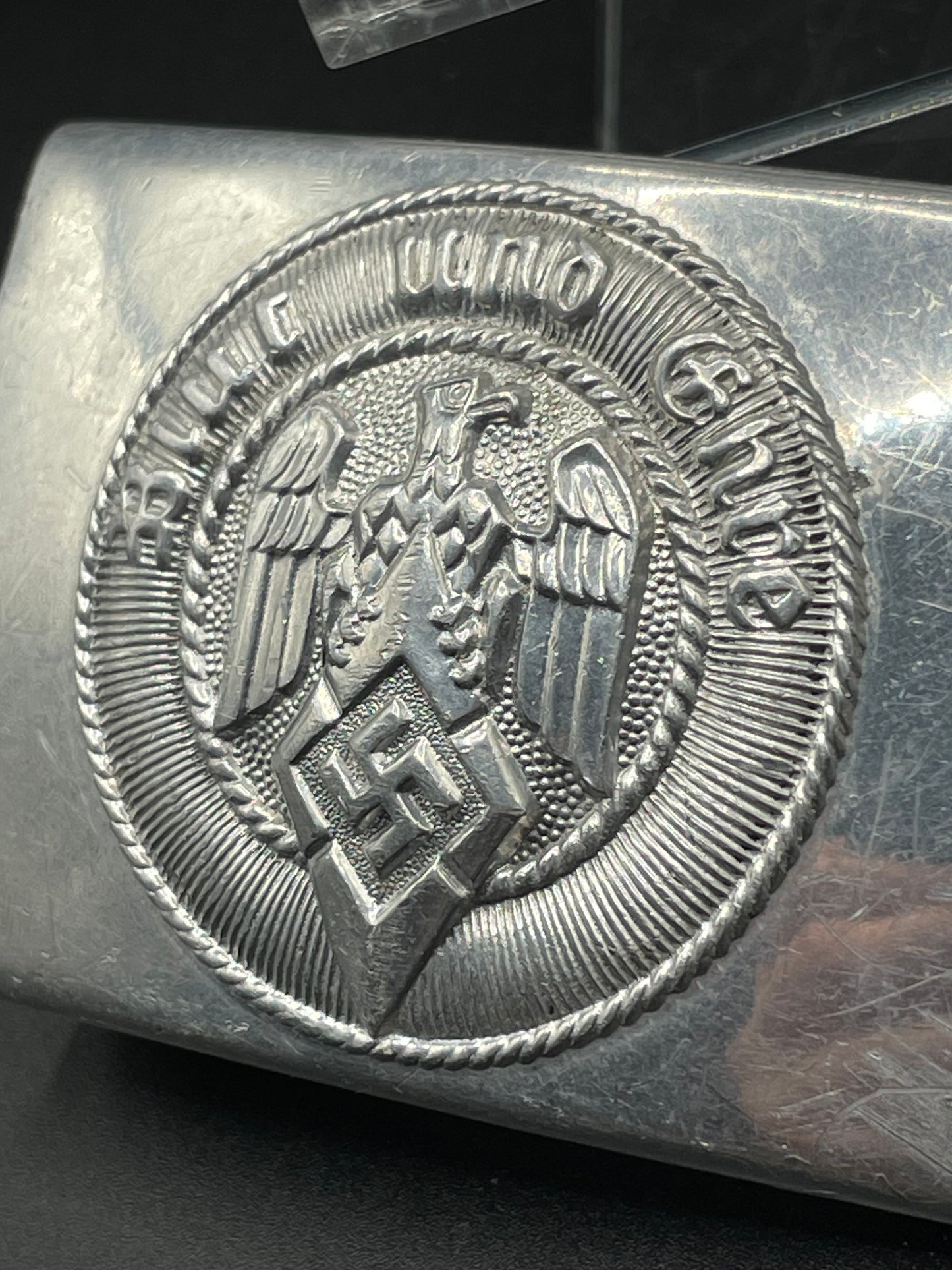 GERMAN WW2 HITLER JUGEND „HJ” BELT BUCKLE IN ALUMINUM BY OVERHOFF & CIE. RZM M4/27