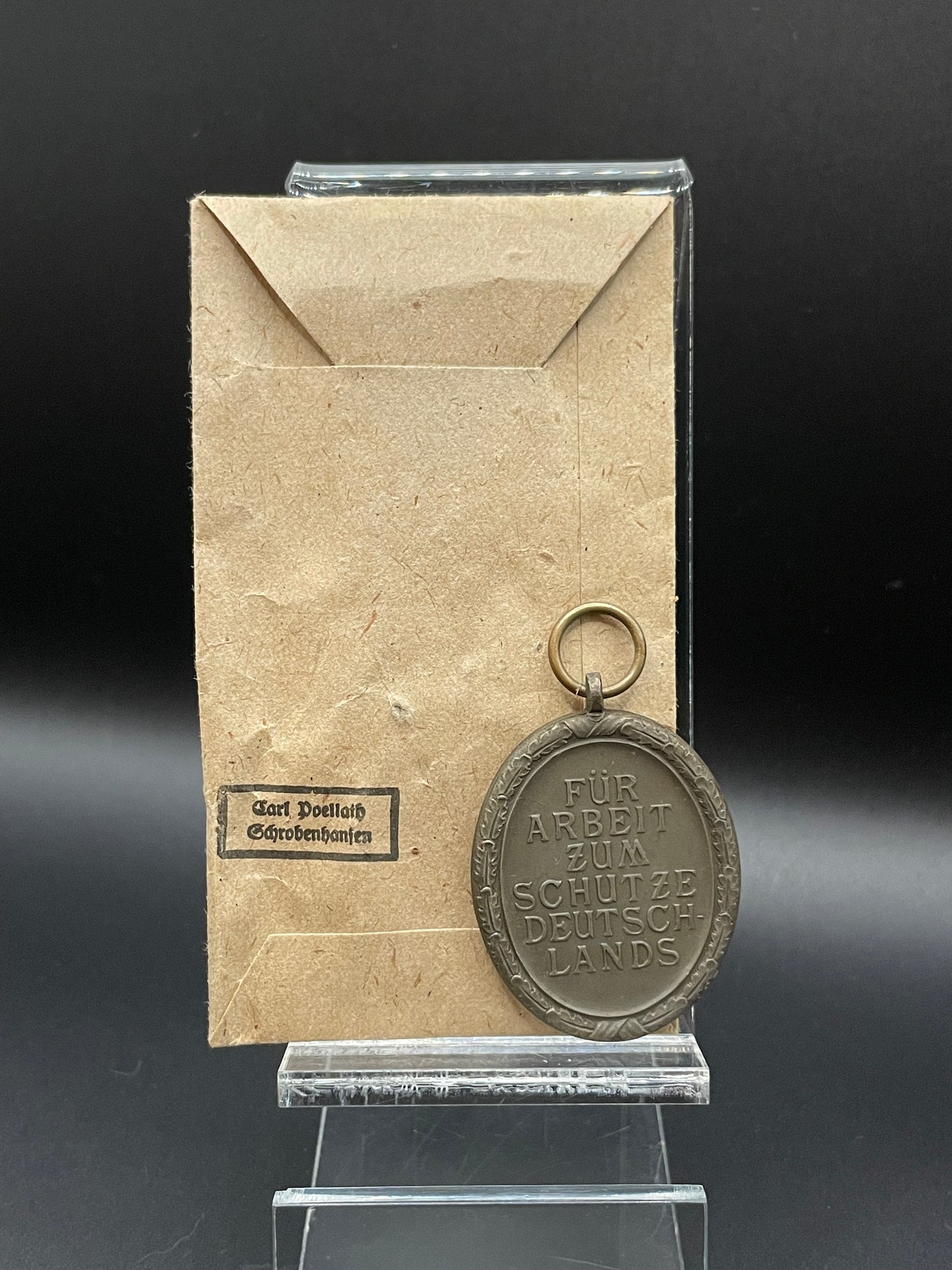 GERMAN WW2 UNISSUED WEST WALL MEDAL W/ FACTORY PACKET BY CARL POELLATH, SCHROBENHAUSEN