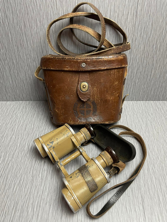 GERMAN WW2 DIENSTGLAS 6x30 TAN PAINTED ‘CAG’ BINOCULARS CAPTURED BY US G.I. MEDIC W/ LEATHER CASE NAMED!