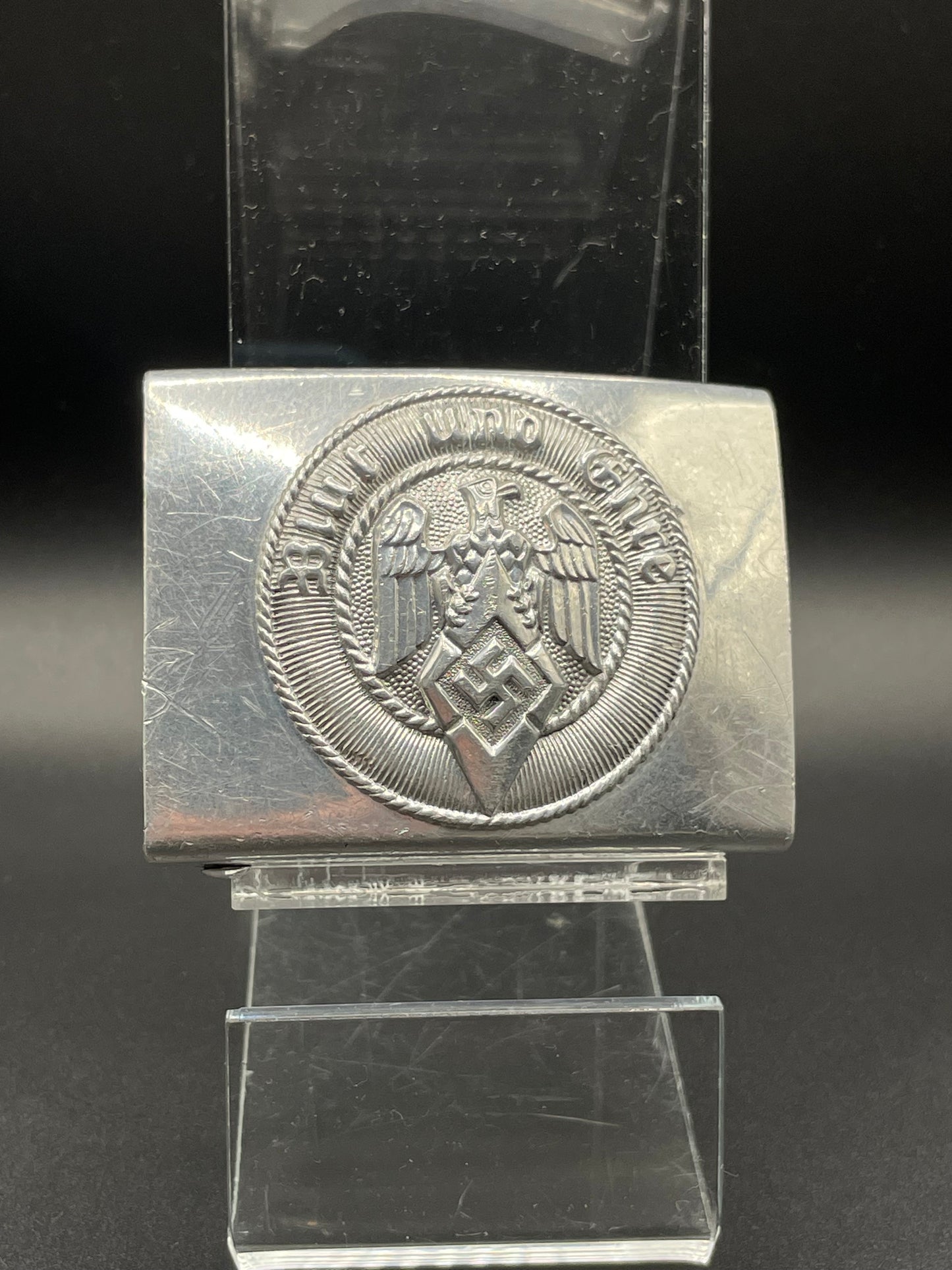 GERMAN WW2 HITLER JUGEND „HJ” BELT BUCKLE IN ALUMINUM BY OVERHOFF & CIE. RZM M4/27