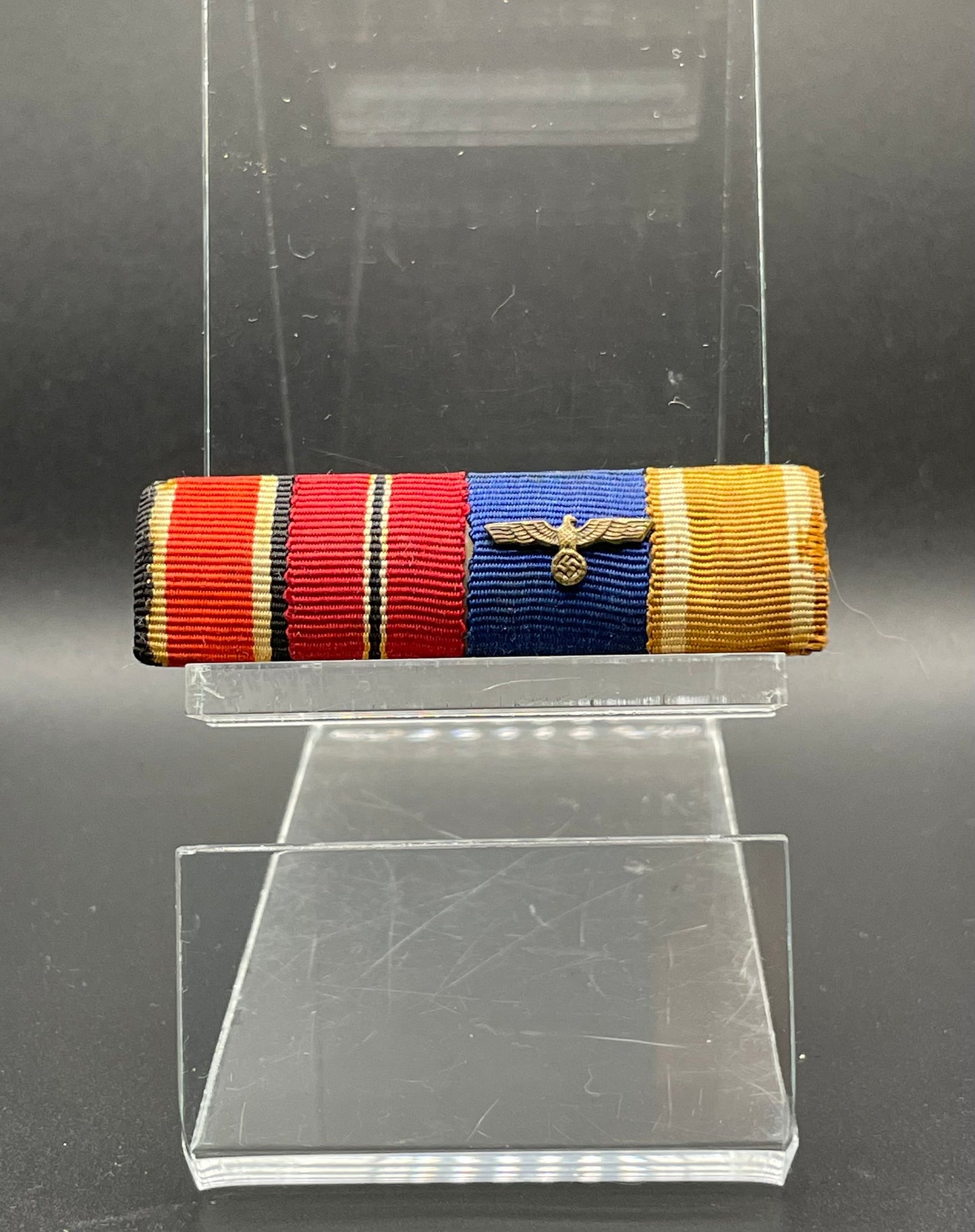 GERMAN WW2 4 PLACE RIBBON BAR WITH EKII 1939, OST FROMT MEDAILLE, HEER 4 YEAR SERVICE, WEST WALL “ATLANTIC WALL” AWARDS