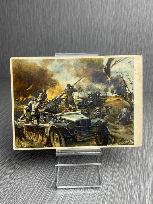 GERMAN WW2 2CM LEICHTE FLAK MOUNTED SD.KFZ. 10/4 HALFTRACK POSTCARD BASED ON ART BY VICTOR MUNDORFF