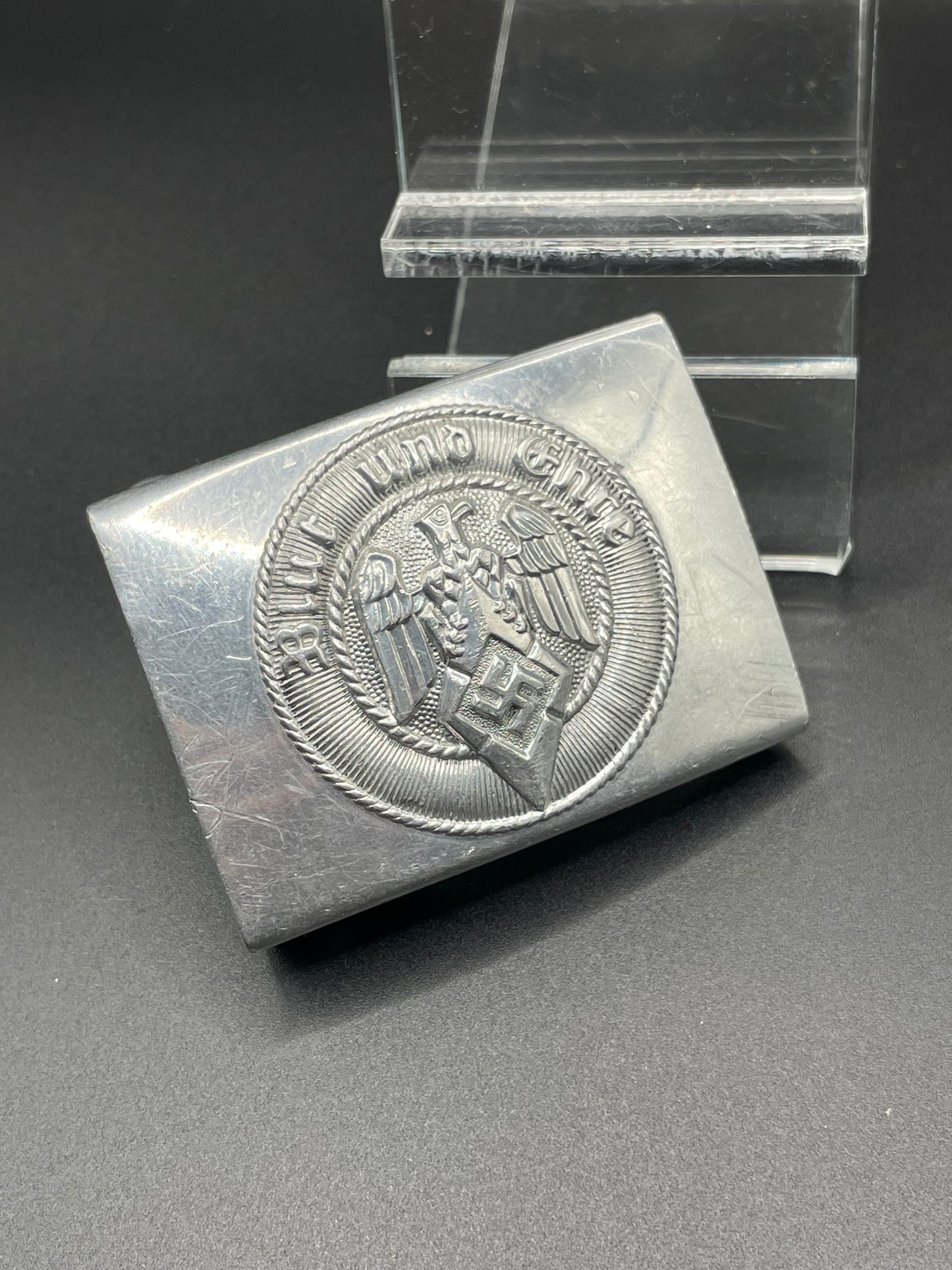 GERMAN WW2 HITLER JUGEND „HJ” BELT BUCKLE IN ALUMINUM BY OVERHOFF & CIE. RZM M4/27