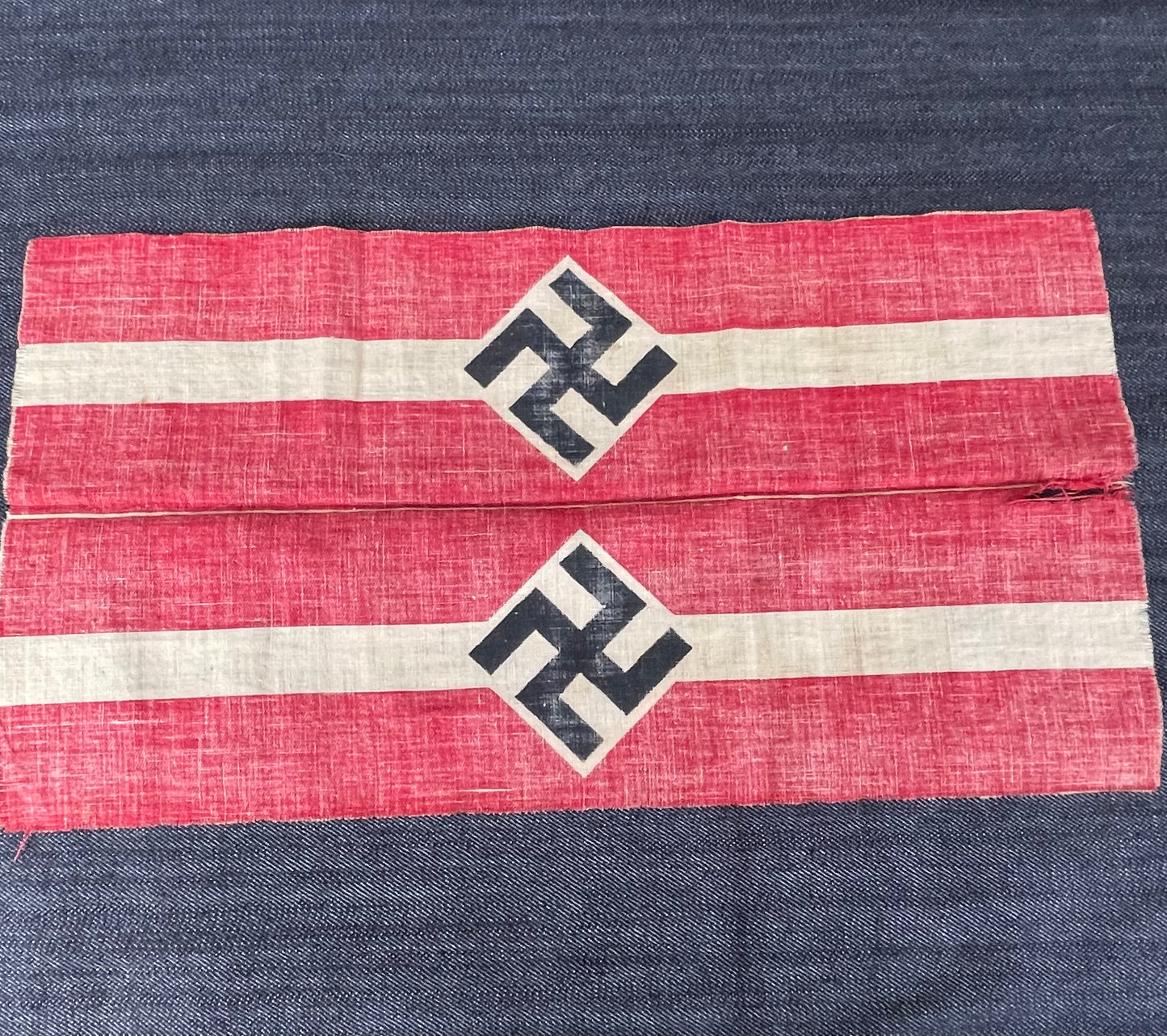 GERMAN WW2 HJ HITLER JUGEND 2 PRINTED & UNISSUED ARMBANDS STILL ON A FACTORY STRIP