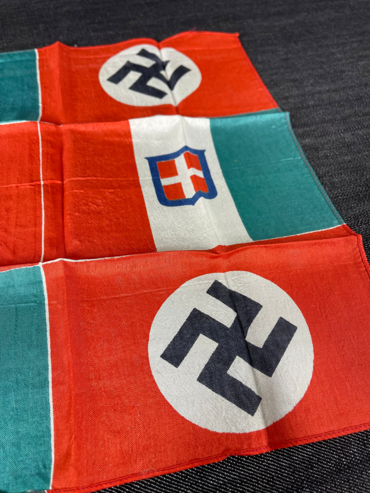 ORIGINAL WW2 AXIS POWERS GERMAN AND ITALIAN FRIENDSHIP FLAG 13”x13” WITH NSDAP & HOUSE OF SAVOY DESIGNS