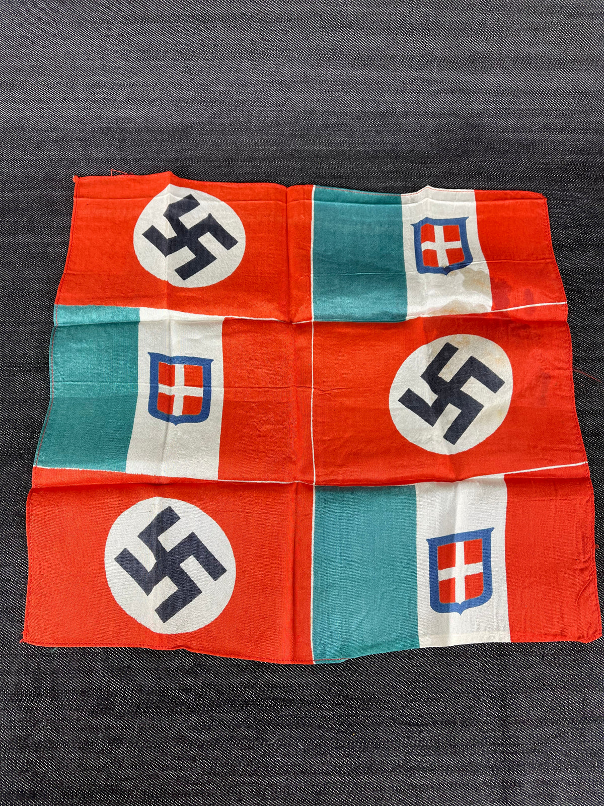 ORIGINAL WW2 AXIS POWERS GERMAN AND ITALIAN FRIENDSHIP FLAG 13”x13” WITH NSDAP & HOUSE OF SAVOY DESIGNS