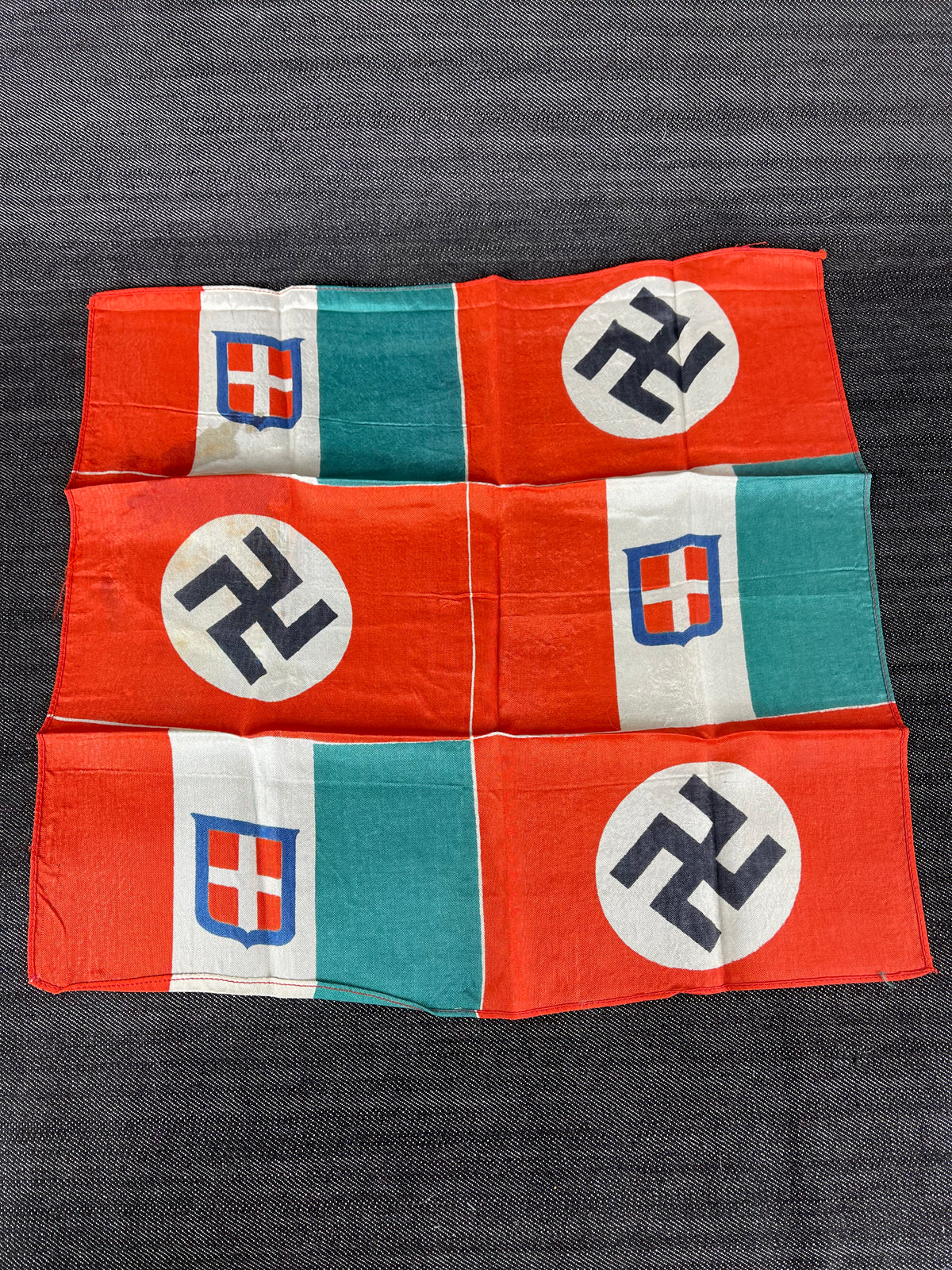 ORIGINAL WW2 AXIS POWERS GERMAN AND ITALIAN FRIENDSHIP FLAG 13”x13” WITH NSDAP & HOUSE OF SAVOY DESIGNS